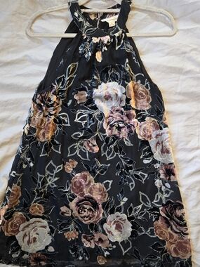 Love Riche Black Halter Mini Dress with Pink Roses Romantic Burnout Small